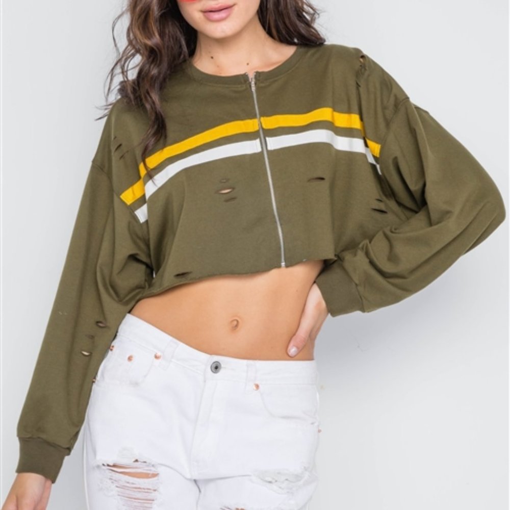 Olive Distressed Zip-Up